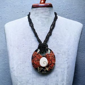 Chunky Statement Necklace Vtg Inlay Pendant Abalone Coral Shell Swirl Medallion